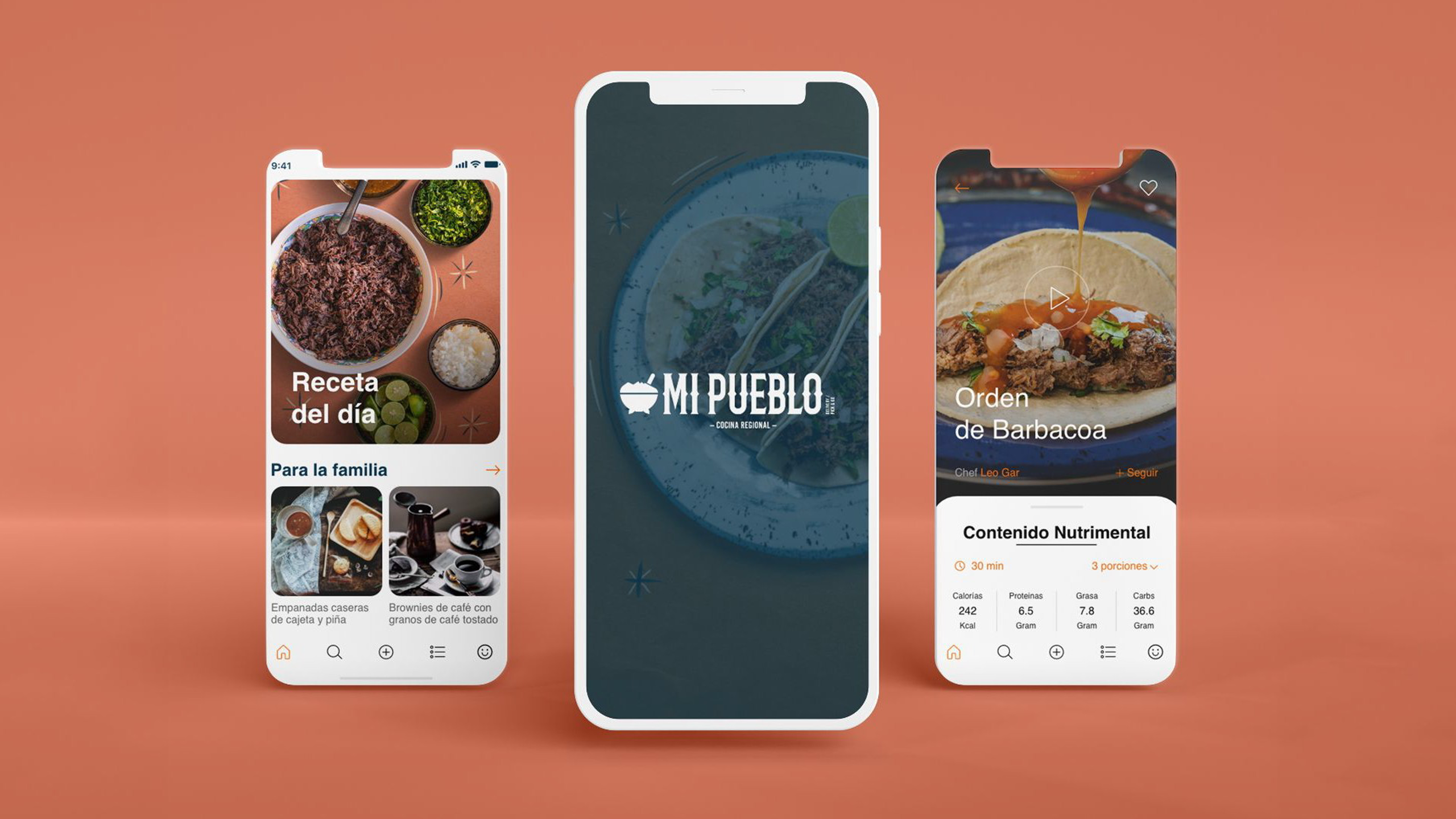 Pantallas de la app: receta del día, splash y detalle de producto