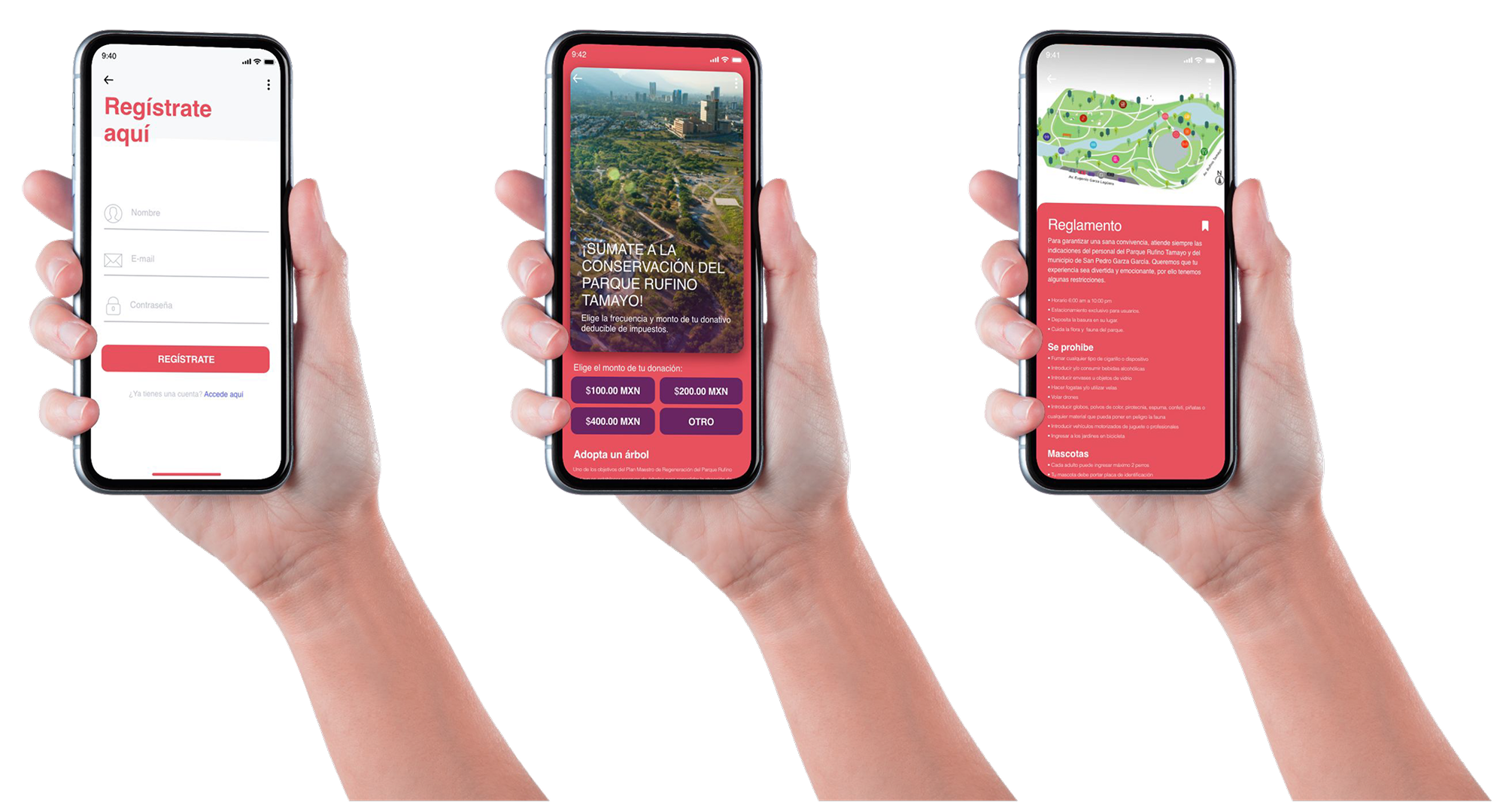 Flujos de la app móvil: registro, donativos y reglamento